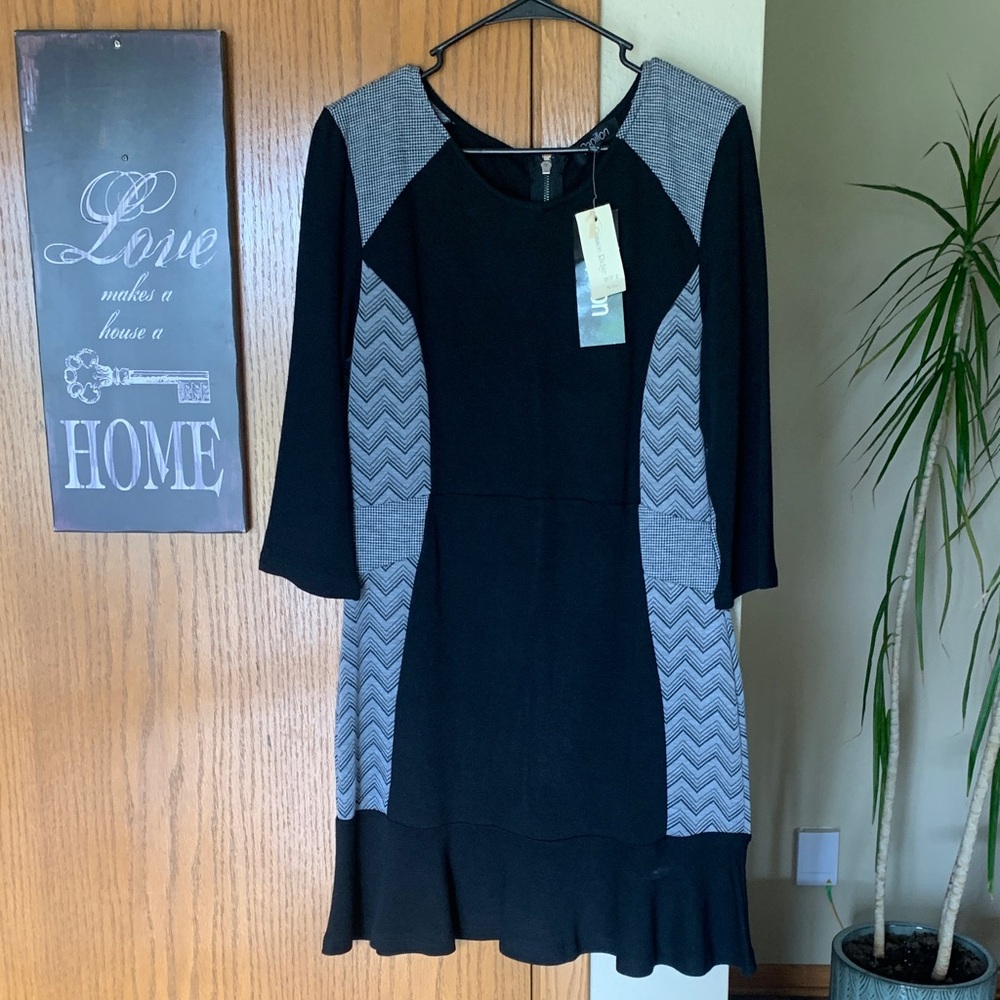 NWT. Papillon Large  Two-Tone Black and Gray Ponte Fit-and-Flare Dress